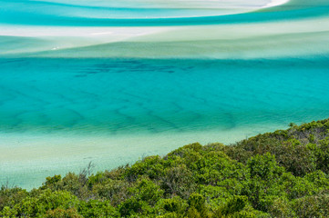 Turquoise blue water and green tropical plants summer background,