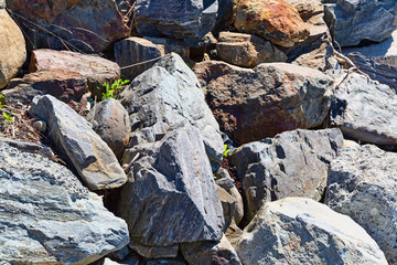 Close view of large boulders used for a seawall in the early morning light.