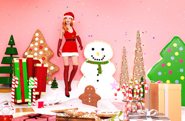 Girl in christmas land,3d illustration concept for christmas