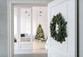 Room with decorated fir tree