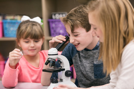 Classroom boy looks through microscope