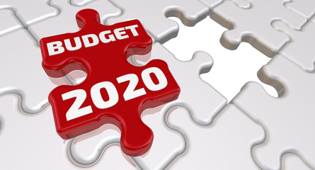 Budget 2020. The inscription on the missing element of the puzzle. Folded white puzzles elements and one red with word BUDGET 2020. 3D Illustration