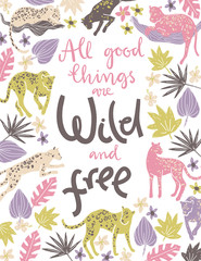 Vector poster with jaguars, tropic plants and hand letterin quot