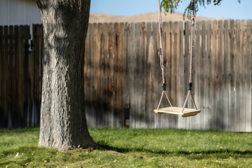 Close up rustic wooden tree swing hanging in yard with copy space.