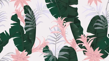 Selbstklebende Fototapeten Floral seamless pattern, green banana leaves, pink Bromeliaceae plant and palm leaves on light gray background, pastel vintage theme © momosama