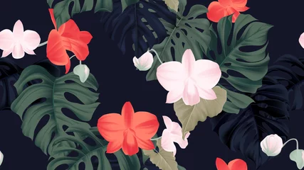 Foto op Plexiglas Floral seamless pattern, red and pink Dendrobium orchid flowers and green split-leaf Philodendron plant on dark blue background, pastel vintage theme © momosama