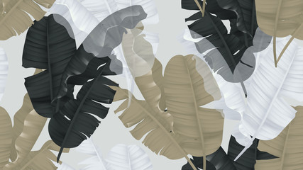 Kwiatowy wzór, czarne, brązowe i białe liście bananowca na jasnoszarym tle, pastelowy motyw vintage - 229291504
