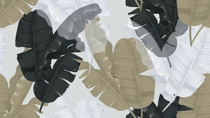 Foto op Plexiglas anti-reflex Naadloze bloemmotief, zwarte, bruine en witte bananenbladeren op lichtgrijze achtergrond, pastel vintage thema © momosama