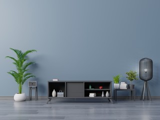 Cabinet Tv Mockup with dark wall and lamp,plants in living room. 3d rendering
