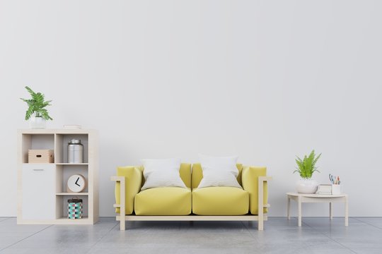 Living room with yellow sofa, table,plants,book and wood shelf on white wall background, 3d illustration