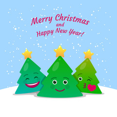 Merry Christmas and Happy New Year greeting card. Xmas congratulation postcard in cartoon style. Happy christmas trees on snowfield. Winter holidays vector illustration. Green fir tree with gold star.