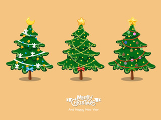 Christmas trees cartoon collection. Merry Christmas and happy new year for decorative element on holiday. Vector Illustration.