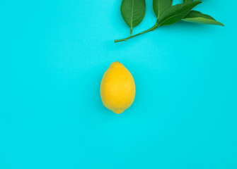 Top view of lemon and leaves on blue color background.concepts ideas of fruit,vegetable.healthy eating