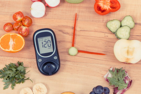 Glucose meter with fruits and vegetables in shape of clock, healthy eating for diabetics concept