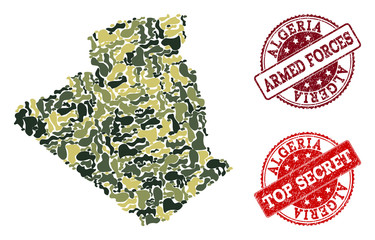 Military camouflage combination of map of Algeria and red rubber seal stamps. Vector top secret and armed forces imprints with unclean rubber texture. Army flat design for military purposes.