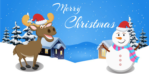 Fototapeta na wymiar Moose and Snowman Wearing Santa Hat