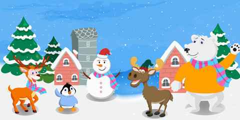Obraz na płótnie Canvas Raindeer Wearing Scraft, Penguin Wearing Sweater, Moose Wearing Drawf Hat, Snownman Wearing Scraft and Santa Hat