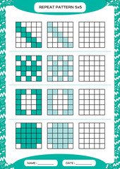 Repeat blue pattern. Cube grid with squares. Special for preschool kids. Worksheet for practicing fine motor skills. Improving skills tasks. A4. Snap game. 5x5
