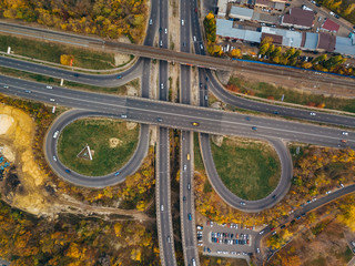 Transport junction in autumn, top view from drone point of view