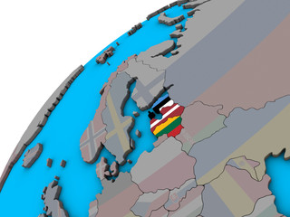 Baltic States with national flags on 3D globe.