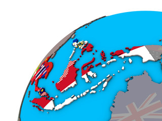 ASEAN memeber states with national flags on 3D globe.