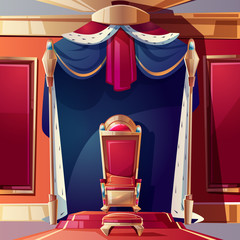 Golden kings throne inlaid with gems, ottoman and pillow on seat, standing on pedestal in ballroom or castle throne room cartoon vector illustration. Fantasy game design element. Monarchy power symbol © vectorpouch