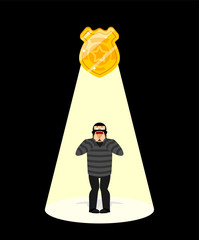 Police badge and criminal. Radiance of law and robber. Lawful light and burglar