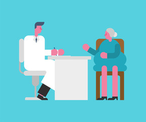 Doctor and grandmother. Reception doc old Lady. Medical office. Pensioner health insurance