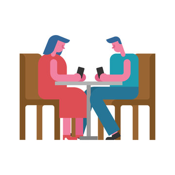 Date In Cafe With Phone. Virtual Date Smartphone. Rendezvous At Table. Man And Woman. Love Couple