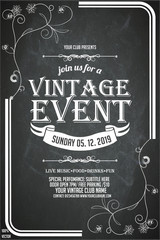 Black and white vintage event invitation card & poster & banner with floral pattern on chalk background. Vector EPS 10