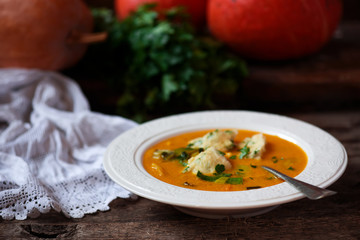 pumpkin soup with dumplings.style rustic