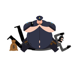 Fat Cop and Robber Detention. Thick  Policeman and burglar arrest. Obese Officer Police and mugger and money bag. Vector illustration