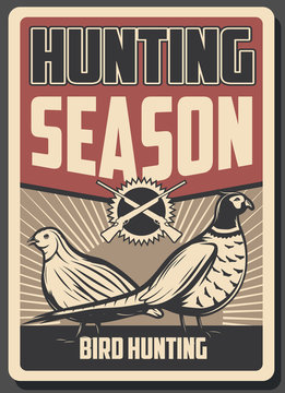 Bird hunting poster. Rifle, pheasant and quail