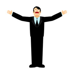 Businessman afraid looks up. Prays to god