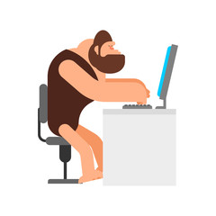 Caveman and computer. Prehistoric man and PC. ancient laptop.