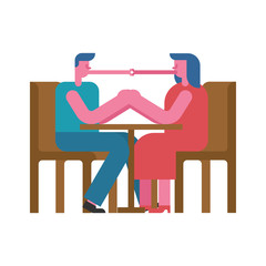 Date at table hold hands and kiss. rendezvous in cafe. Man and woman. Love couple