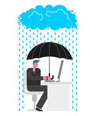 Umbrella over businessman working at computer. Security boss. Protecting business. Vector illustration