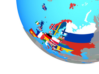 Europe with national flags on simple globe.