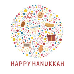 Hanukkah holiday flat design icons set in round shape with text in english