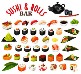 Japanese sushi and rolls icons, vector seafood