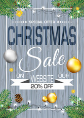 Christmas sale vector card with ball, pine branch and lights on blue grey wood background