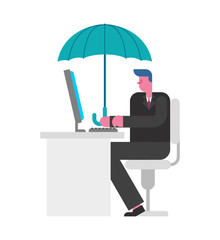 Umbrella over businessman working at computer. Security boss. Protecting business. Vector illustration