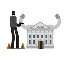 Bank robbery. Robber and bag of money. burglar in mask. plunderer Vector illustration