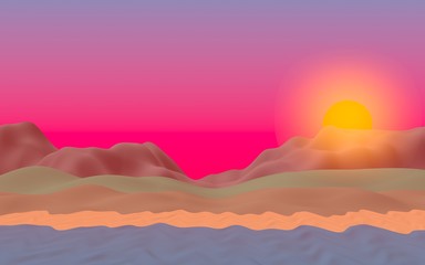 Sun Sea Beach. Sunset. Ocean shore line with waves on a beach. Island beach paradise with waves. Vacation, summer, relaxation. Seascape, seashore. Minimalist landscape, primitivism. 3D illustration