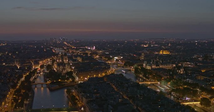 France Paris Aerial v40 Cityscape view at dusk near and around Ile de la Cite and Ile Saint-Louis 8/18