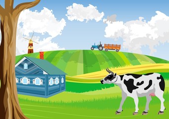 Countryside, farmland, green meadow and hills, agriculture theme, cow and village house