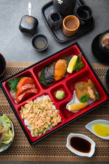 japanese bento set with teriyaki salmon and tempura