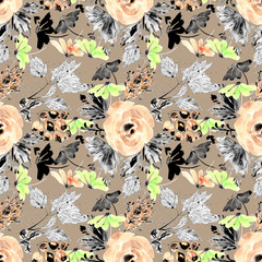 Seamless retro floral pattern. Orange roses, flowers, twigs, berries on a light brown background.