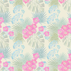 Fototapeta na wymiar Seamless tropical floral pattern. Palm leaves, exotic flowers, twigs of delicate color