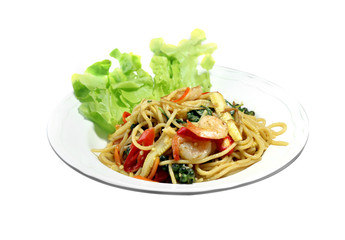 chilly basil noodle,Drunken Noodle,spicy stir fried noodle thaifood on isolated white background